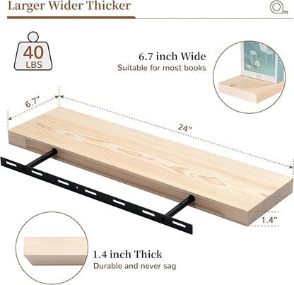Marsmiles Natural Wood Floating Shelves | 24 Inch Unfinished Wood Wall Shelves Set of 2 | 24" W x 6.7" D Rustic Wooden Shelves for Bathroom Kitchen Living Room Bedroom