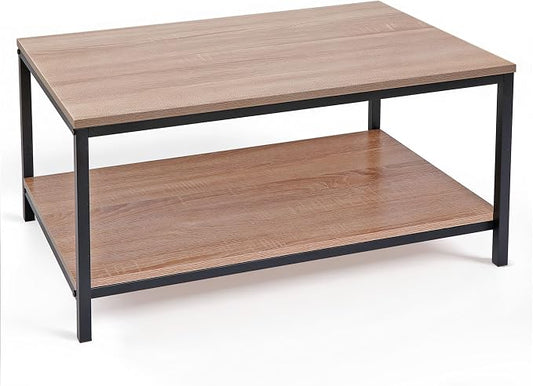 SUPER DEAL 2-Tier Industrial Coffee Table with Storage Shelf for Small Apartment Living Room, Rectangle Wood and Stable Metal TV Stand Side End Table, Natural Oak
