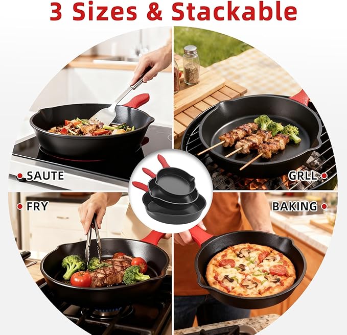 3 piece set, cookware set 6, 8, 10 Inches, for frying, saute, &more, easy use in the oven, stove, grill, or campfire, black, with silicone heat-resistant cover