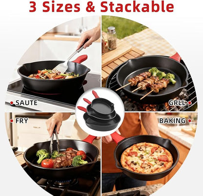 3 piece set, cookware set 6, 8, 10 Inches, for frying, saute, &more, easy use in the oven, stove, grill, or campfire, black, with silicone heat-resistant cover