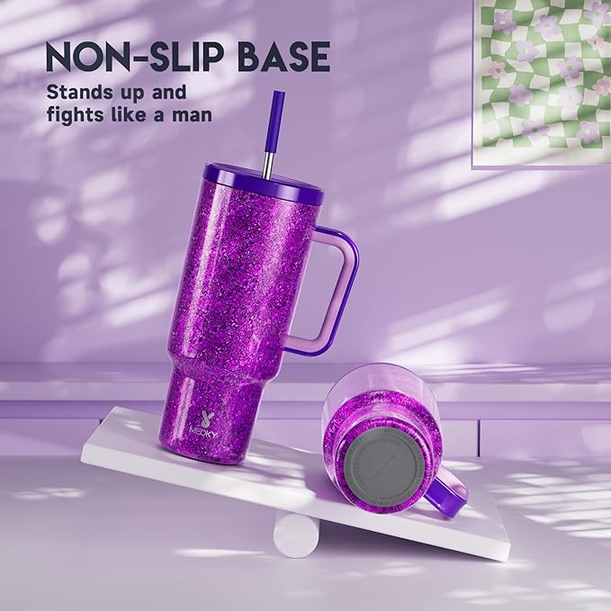 Meoky Tumbler with Handle and Straw for Women: 40 oz Stainless Steel Insulated Tumbler with Lid and Straw 100% Leakproof for Car Travel Home - Fashion Enthusiasts, Lavender