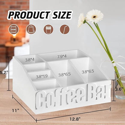 Coffee Bar Organizer for Accessories, Wood Station for Countertop, Farmhouse Pod Holders, White Condiment Organizer for Decor