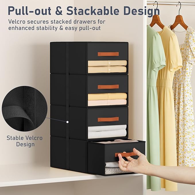 DIMJ Closet Organizers and Storage - Pull-out Fabric Bins with Drawers for Closet Foldable Clothes Organizers with Clear Window, Stackable Storage Drawers for Bedroom,Living Room,Shelf,4-Pack, Black