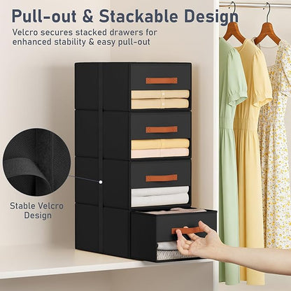 DIMJ Closet Organizers and Storage - Pull-out Fabric Bins with Drawers for Closet Foldable Clothes Organizers with Clear Window, Stackable Storage Drawers for Bedroom,Living Room,Shelf,4-Pack, Black