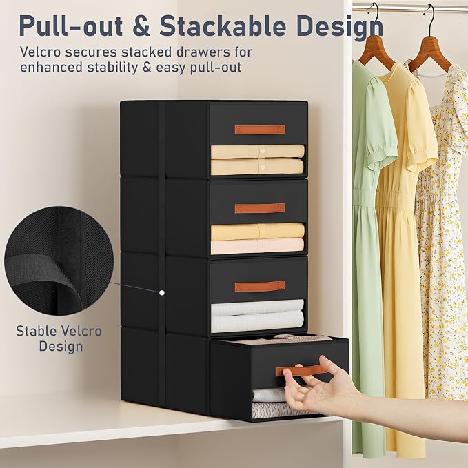 DIMJ Closet Organizers and Storage - Pull-out Fabric Bins with Drawers for Closet Foldable Clothes Organizers with Clear Window, Stackable Storage Drawers for Bedroom,Living Room,Shelf,6-Pack, Black