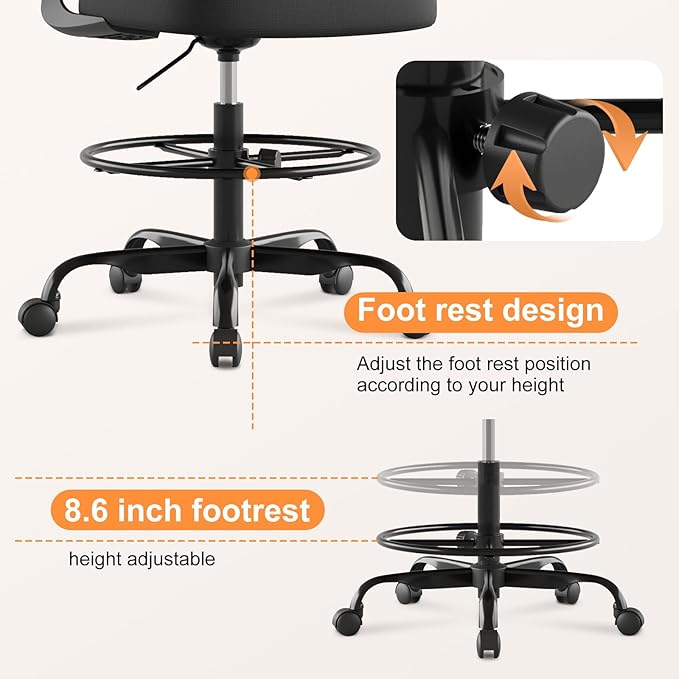 Tall Drafting Chair Ergonomic Home Office Desks Chairs Standing Desk Chair with Flip-up Armrests Adjustable Height Breathable Mesh Office Chair with Lumbar Support and Adjustable Footrest Ring Black