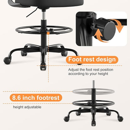 Tall Drafting Chair Ergonomic Home Office Desks Chairs Standing Desk Chair with Flip-up Armrests Adjustable Height Breathable Mesh Office Chair with Lumbar Support and Adjustable Footrest Ring Black