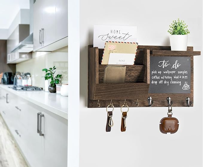 Key Holder for Wall - Mail Holder Organizer Wall Mount with Shelf - Rustic Hanging Key Rack Hanger with Hooks Decorative for Home Letter Dog Leash Entryway Farmhouse Living Room Decor