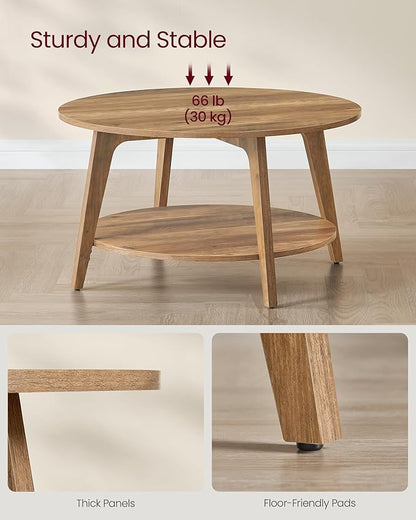 VASAGLE MAEZO Collection - Round Coffee Table, 2-Tier Center Table with Storage, Tapered Legs, Curved Transitions, 31.5 Dia. x 17.7 H Inches, Easy Assembly, for Living Room, Honey Brown ULCT243K41