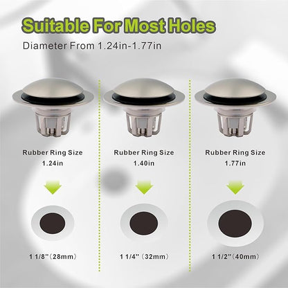 2 Pack Pop Up Sink Drain Stopper,Brushed Nickel Bathroom Sink Stopper with Hair Catcher and Anti-Clog Strainer,Glimflorus Universal 2-in-1 Drain Stopper for 1 1/8"-1 1/2" Drain Holes