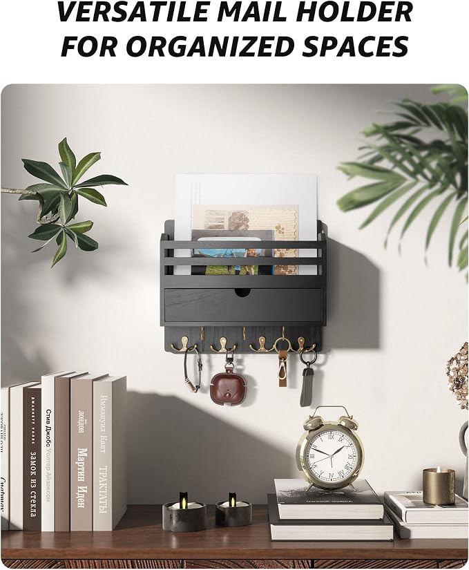 Rebee Vision Decorative Mail Organizer - Wood Key Holder Wall Mount with Storage Drawer and 7 Key Hooks - Home Decor for Organizing Your Entryway, Hallway, or Office (Black)