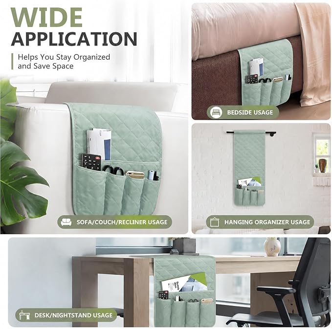 Sofa Armrest Organizer Non-Slip Arm Chair Bedside Caddy Storage Organizer for Recliner Couch with 5 Pockets for Cell Phone TV Remote Control Magazines (Light Green)