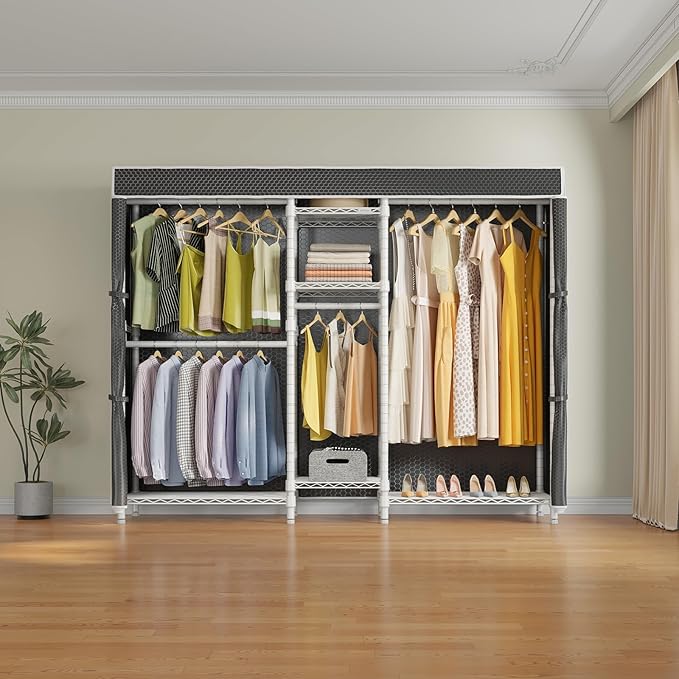 VIPEK Classic V6C Heavy Duty Covered Clothes Rack 5 Tiers Wire Garment Rack Large Size Wardrobe Closet White Metal Clothing Rack with Black Oxford Cover, 70.1" L x 17.3" W x 76.4" H, Max Load 870 LBS