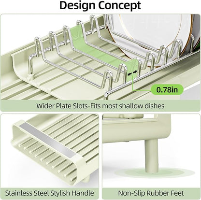 TOOLF Small Dish Drying Rack, Mini Expandable Compact Dish Rack, Slim Extendable Stainless Steel Dish Drainer for Kitchen Countertop, Space Saving Dish Strainer, Soft Celery Green