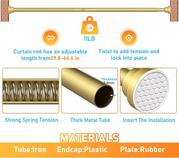 MEXAU 2 Pack Tension Curtain Rod For Window 30-64 Inches Adjustable Expandable Gold Spring Tension Rod Spring Curtain Rods No Drilling Extension Rods Tension Rod for Closet Doorway Kitchen