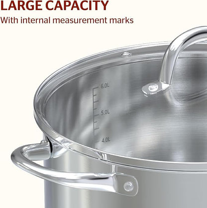 Sunhouse Stock Pot with Lid - 7 QT Large Pot for Cooking Pasta, Soup, Spaghetti - Impact Bonding Base Big Stainless Steel Pots for Canning, Boiling - Oven Safe & Induction Compatible Cookware