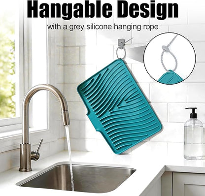 TIKNIK Silicone Dish Drying Mat for Kitchen Counter - Heat Resistant & Non-Slip Dish Drain Pad with Built-In Drain, Dishwasher Safe, Quick-Dry, Hangable & Roll-Up for Storage, Green-1pcs, 16" x 12"