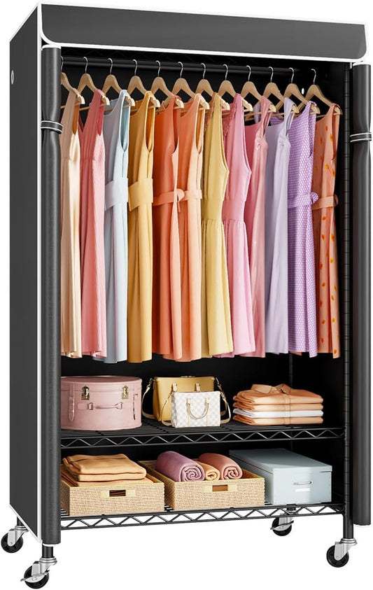 ULIFHOME P6C Rolling Clothes Rack with Cover, Covered Clothing Racks Heavy Duty, Portable Closet for Hanging Clothes, Garment Racks on Wheels, Black Closet Rack with Black Cover, Max Load 365LBS