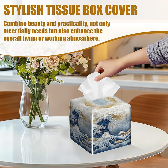 Art Great Wave Tissue Box Cover 2PCS, Leather Tissue Box Holder Square Facial Paper Case Tissue Box Cube Organizer for Bathroom Bedroom Desk Office