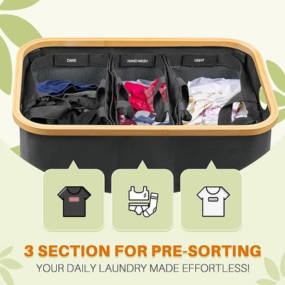 Laundry Hamper 3 Section, 145L Dirty Clothes Hamper with Lid, Extra Large Laundry Basket Organizer with Removable Inner Bags & Labels for Laundry Room, Bedroom, Dark Grey