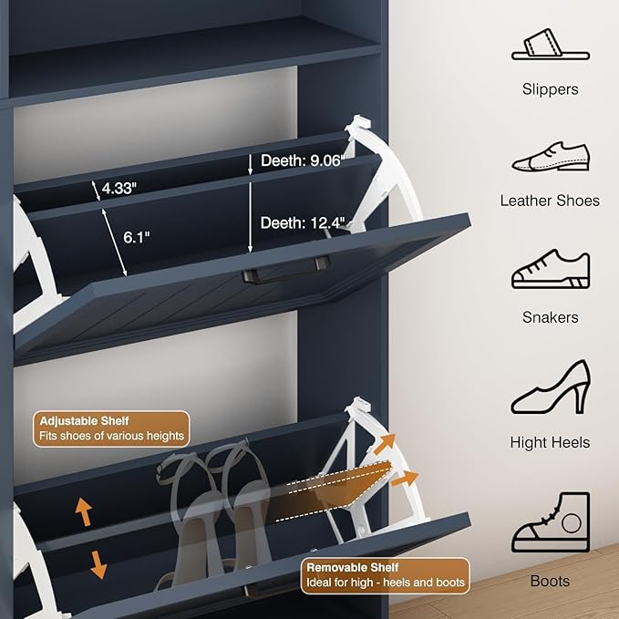 Shoe Storage Cabinet with 4 Flip Drawers, Farmhouse Modern Hidden Shoes Rack Cabinet with Adjustable Shelves & Open Storage, Narrow Slim Shoe Organizer for Front Door Entrance, Entryway, Navy Blue