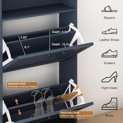 Shoe Storage Cabinet with 4 Flip Drawers, Farmhouse Modern Hidden Shoes Rack Cabinet with Adjustable Shelves & Open Storage, Narrow Slim Shoe Organizer for Front Door Entrance, Entryway, Navy Blue