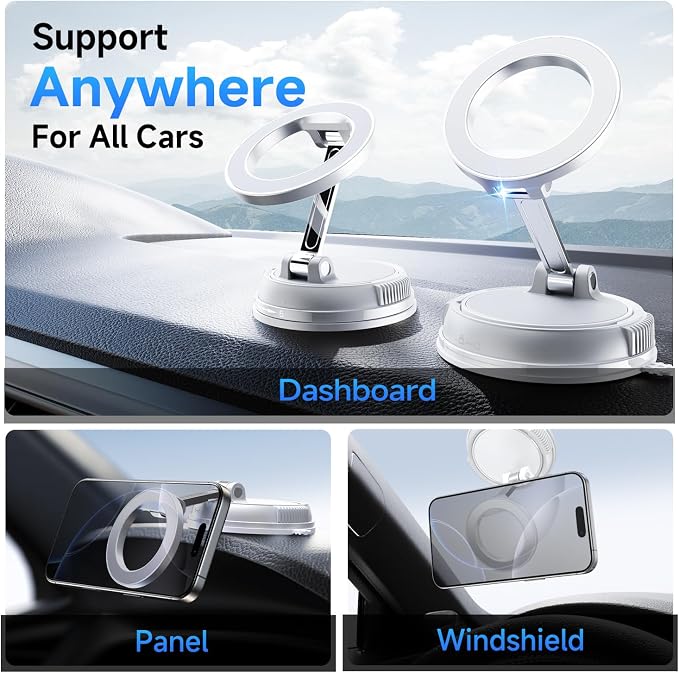 ANDERY Car Phone Holder for Magsafe [78+LBS Strongest Suction & 2400gf Magnetic] 360° Adjustable Car Phone Mount, Phone Holders for Your Car for iPhone 17 Pro Max 16 15 14 13 12 Air Plus, White