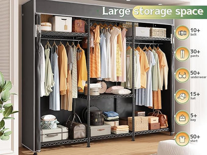 Raybee Clothes Rack with Cover, Clothing Racks for Hanging Clothes with Adjustble Shelves,Portable Closet 15.74''D x 56.02''W x 75.4''H Hold 800LBS for Bedroom, Apaertment, Dorm, Space Saving, Grey