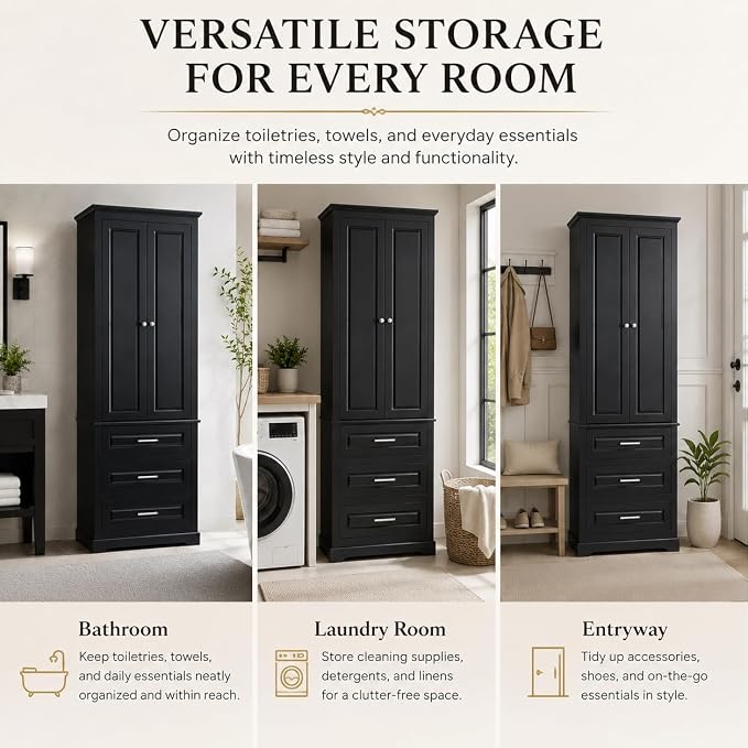 Storage Cabinet, Tall Bathroom Cabinet with Adjustable Shelf | Tall storage cabinet, upper enclosed cabinet and 3 pull-out compartments keep daily essentials organized