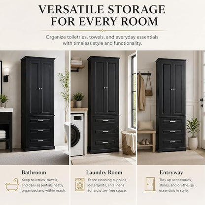 Storage Cabinet, Tall Bathroom Cabinet with Adjustable Shelf | Tall storage cabinet, upper enclosed cabinet and 3 pull-out compartments keep daily essentials organized