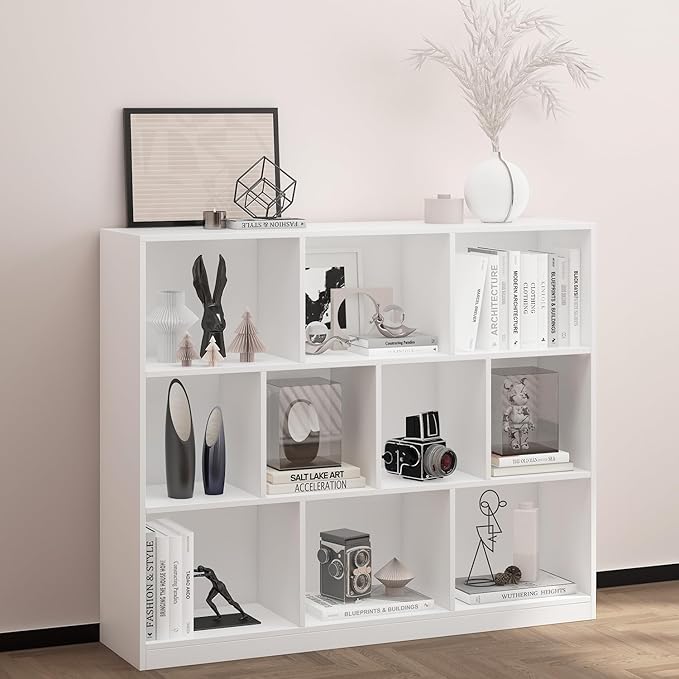 Wooden 10 Cube Book Shelf with Base,3 Tier Freestanding Horizontal Bookshelf, Open Bookcase Cube Shelf Storage Organizer for Bedroom, Living Room, Office, Study Room, White