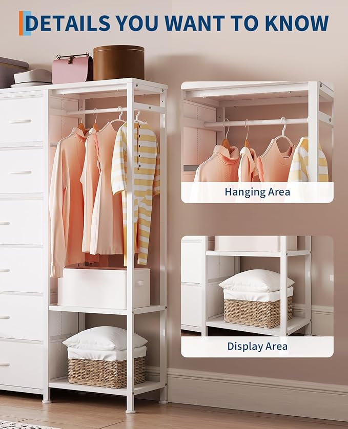GarveeHome Dresser with 16 Drawers & Hanging Rod & Shelves, Fabric Storage Organizer for Bedroom, Closet, or Entryway