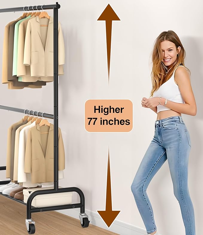 MISSLO Heavy Duty Clothes Rack for Hanging Clothes Rolling Clothing Rack Heavy Duty on Wheels for Coat, Garment, Matte Black (Double Rod)