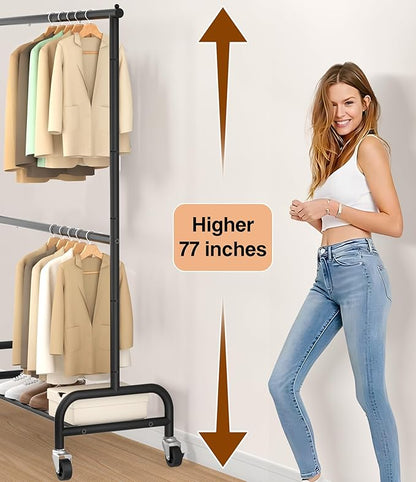 MISSLO Heavy Duty Clothes Rack for Hanging Clothes Rolling Clothing Rack Heavy Duty on Wheels for Coat, Garment, Matte Black (Double Rod)