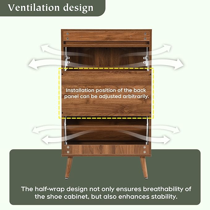 Yechen Shoe Rack Storage Organizer with 2 Natural Semi-Circular Rattan Doors, Entryway Wooden Shoe Cabinet for Sneakers, Leather Shoes, High Heels, Slippers (1 Piece, Walnut)
