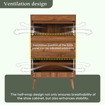 Yechen Shoe Rack Storage Organizer with 2 Natural Semi-Circular Rattan Doors, Entryway Wooden Shoe Cabinet for Sneakers, Leather Shoes, High Heels, Slippers (1 Piece, Walnut)