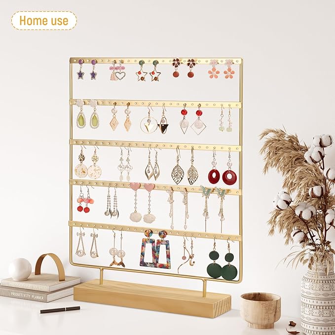 Earring Holder Organizer, 5-Tier Earring Organizer with 60-Pair Capacity, Wooden Base Metal Earring Display, Jewelry Storage & Display for Home Store, Suitable for Women
