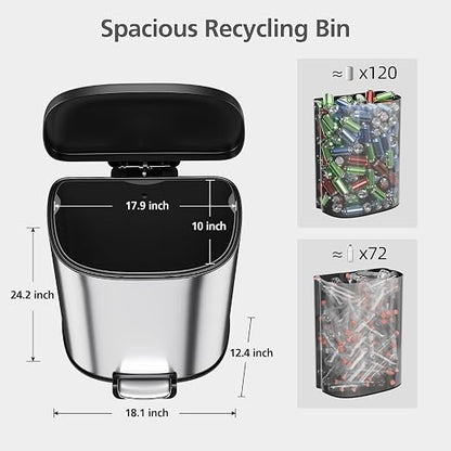 Garvee Stainless Steel Trash Can, 50 L/13 gal Hands Free Garbage Can with Soft Close Lid and Foot Pedal, Metal Kitchen Waste Bin with Inner Bucket for Living Room, Office, D Shape, Silver