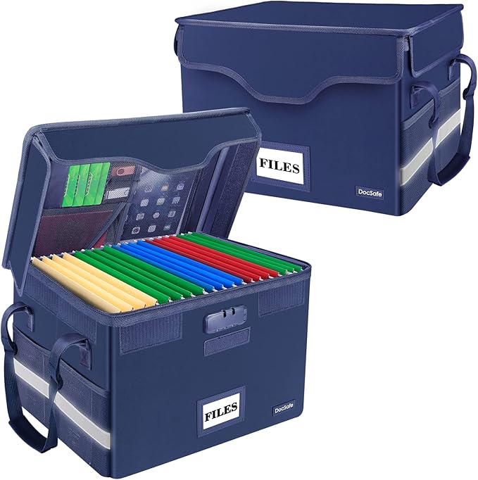 DocSafe Fireproof Document Box with Lock,File Storage Organizer with Pockets,Collapsible Portable File Box Home Office Safe Filing Cabinet with Handle for Hanging Letter/Legal Folders,Blue,2 Pack
