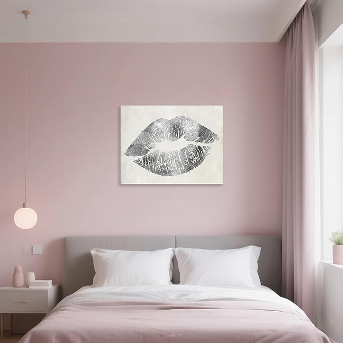 Lip Wall Decor Silver Lip Canvas Wall Art Gray and White Wall Picture Framed for Bedroom Bathroom Makeup Room Wall Decoration 32x24Inch