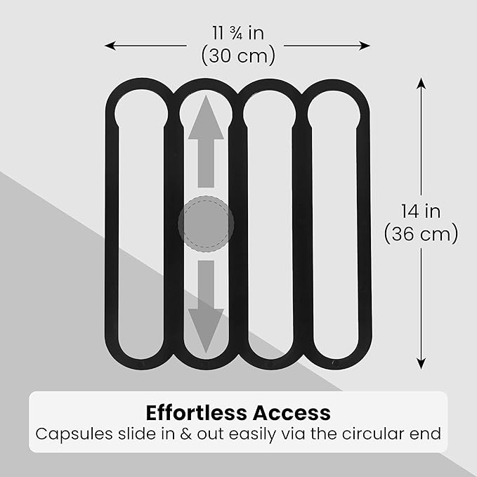 IMPRESA Coffee Pod Holder - Compatible with Nespresso VertuoLine Pods - Black Plastic 20-Capsule Capacity 14 x 11.75 In - Pre-Applied Strips - Under Cabinet Adhesive Capsule Organizer