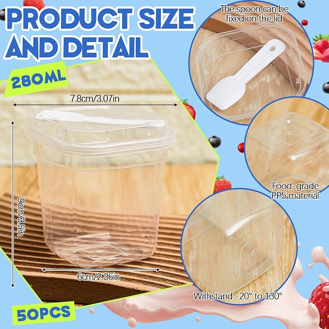 Jingmore 50 Pack 9.5oz Clear Plastic Yogurt Parfait Cups Disposable Overnight Oats Containers with Lids and Spoons Cake Fruit Jars for Food Storage Salad Ice Creams Pudding Snacks (Square Style)