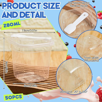 Jingmore 50 Pack 9.5oz Clear Plastic Yogurt Parfait Cups Disposable Overnight Oats Containers with Lids and Spoons Cake Fruit Jars for Food Storage Salad Ice Creams Pudding Snacks (Square Style)
