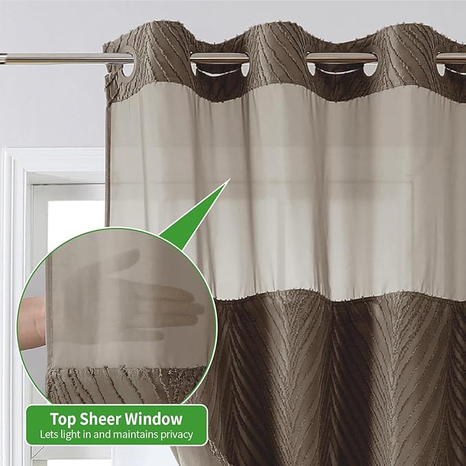 no Hook Shower Curtain and Liner Set，Boho Style with See Through Top Window, Brown Fabric Tufted Striped Textured Outer Curtain & Waterproof Inner Liner, Brown, 71Wx86H
