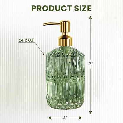 AmazerBath Soap Dispenser Green Glass Soap Dispenser with Pump Stainless Steel, 14.2OZ Luxury Gold Hand Soap Dispensers Bottles Bathroom, Refillable Kitchen Soap Dispenser for Dish Soap, 1 Pack