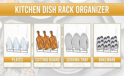YBM Home Wire Dish Storage Rack for Plates, Cutting Boards, Bakeware, Pots and Pans, Serving Trays, Lids, and Other Cookware, 3 Section Plate Holder for Cabinets and Cupboards, White, Pack of 4