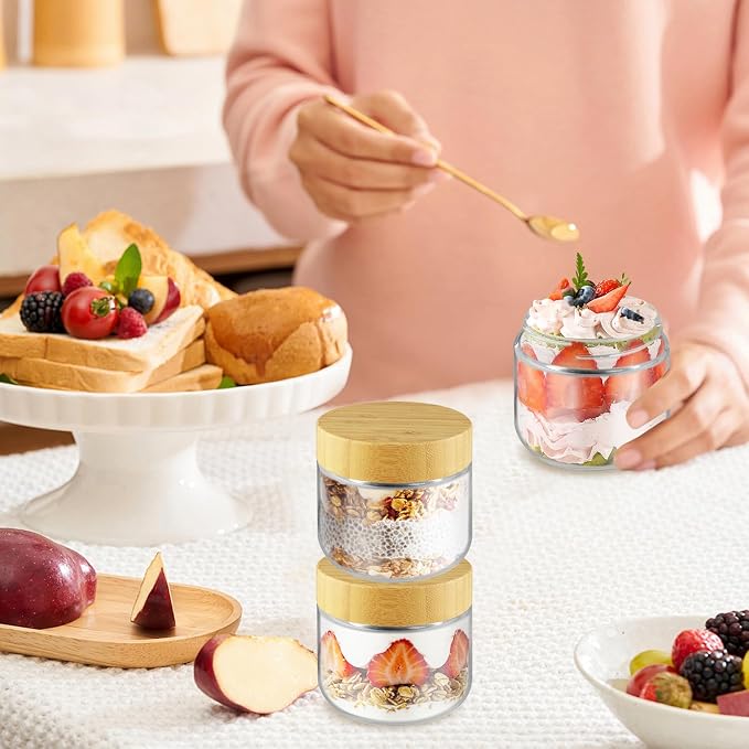 Wresty Empty Clear Glass jars with Airtight Lids Overnight Oats Containers Glass Food Storage Containers Glass Mason Jars For Yogurt Snacks Spice Sugar Jam And More (4 Pcs Bamboo Lids, 300ml/10oz)