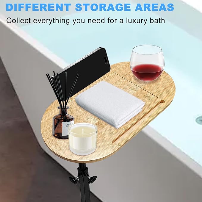 3 Layer Bath Tub Tray Table Liftable Freestanding Bamboo Bath Tray Caddy for Tub Against Wall Shelf Bathroom Organizer Shelf for Luxury Spa (Oval)