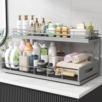 Under Sink Organizer Upgrade To Professional Rails,2-Tier Dual Pull Out Cabinet Storage,Height Adjustable Slide Out Drawers For Bathroom Kitchen,1 Pack-21"Dx12.8"-16.9"H,Gun Gray
