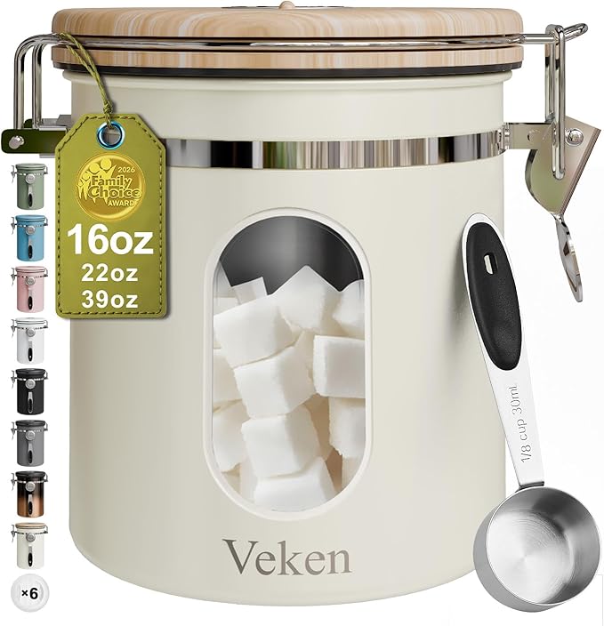Veken Coffee Sugar Canister with Window, Airtight Stainless Steel Kitchen Food Storage Container with Lids, Date Tracker and Scoop for Grounds Coffee, Beans, Tea, Flour, Cereal Jars, 16OZ, Cream